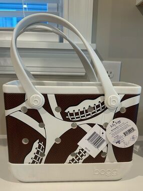 Bitty Bogg Bag White Trim Football Print Tote